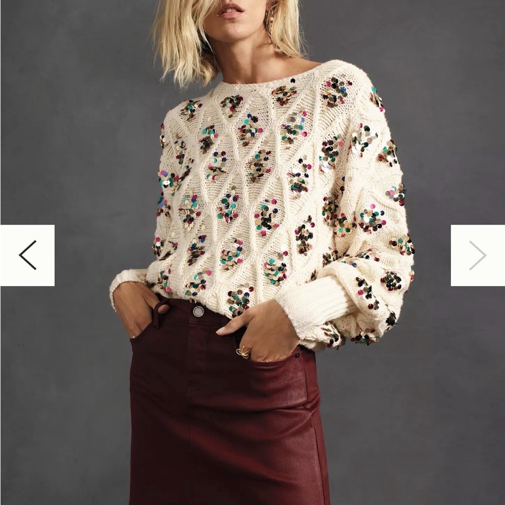 NEW Anthropologie Lara Sequined Cream Sweater (1X)